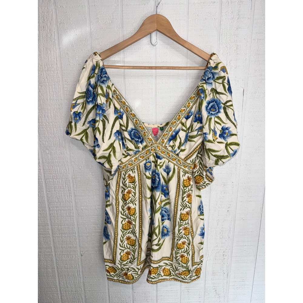 Farm Rio Floral Pineapple Blouse Womens Blue Cream Puff Sleeve V-Neck Medium